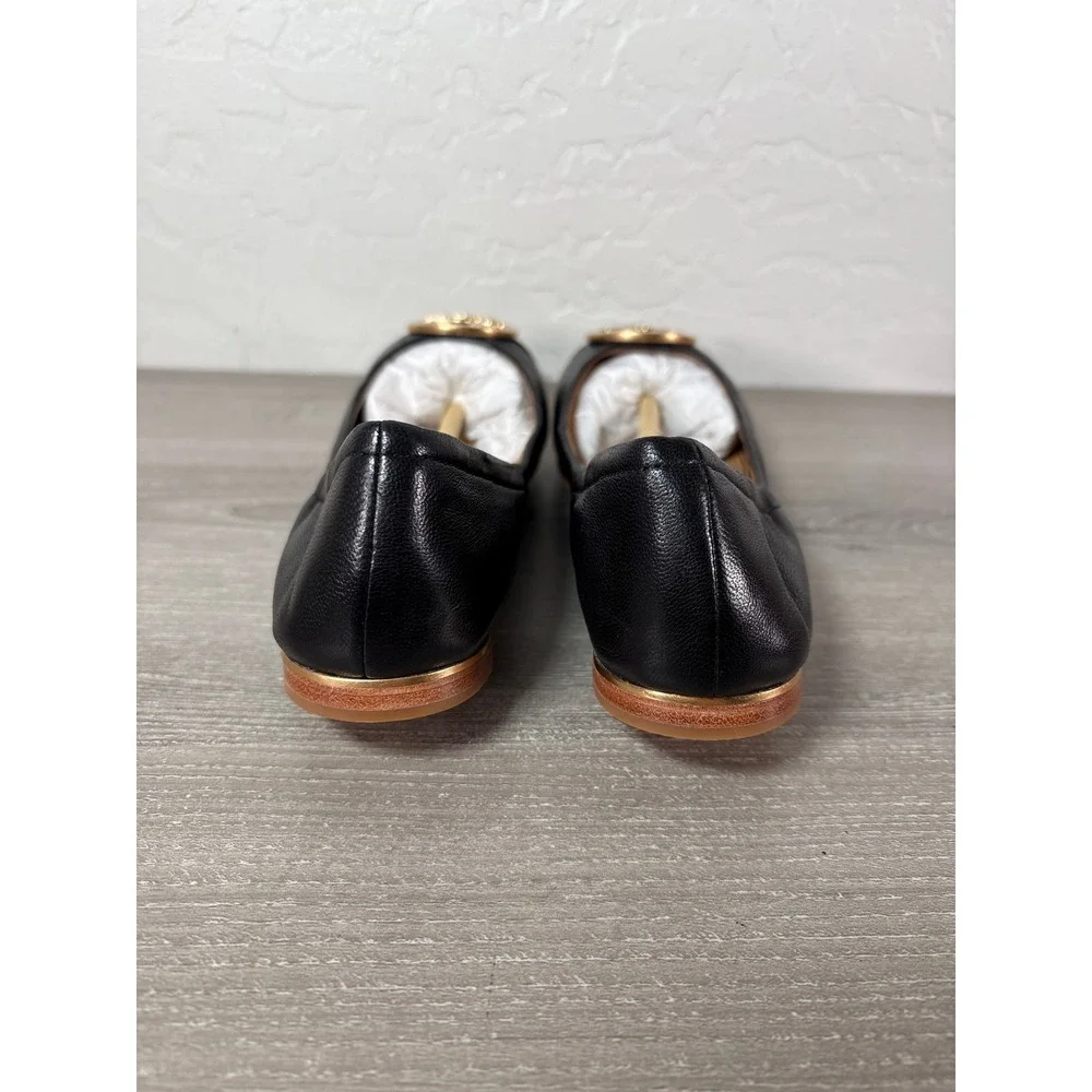 Tory Burch Minnie Cap Toe Ballet Flat Perfect Black Leather Gold Logo Size US 6M